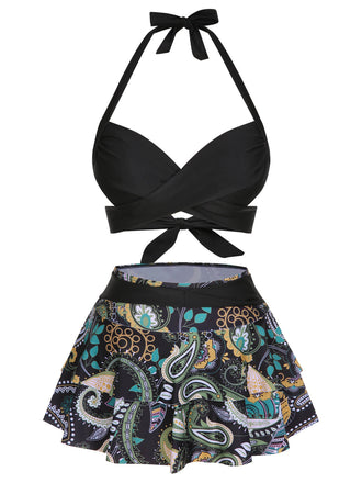 1970s Color Block Floral Halter Swimsuit