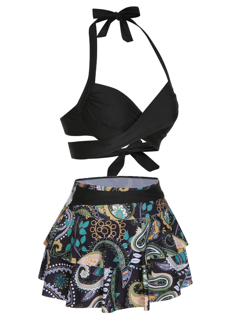 1970s Color Block Floral Halter Swimsuit