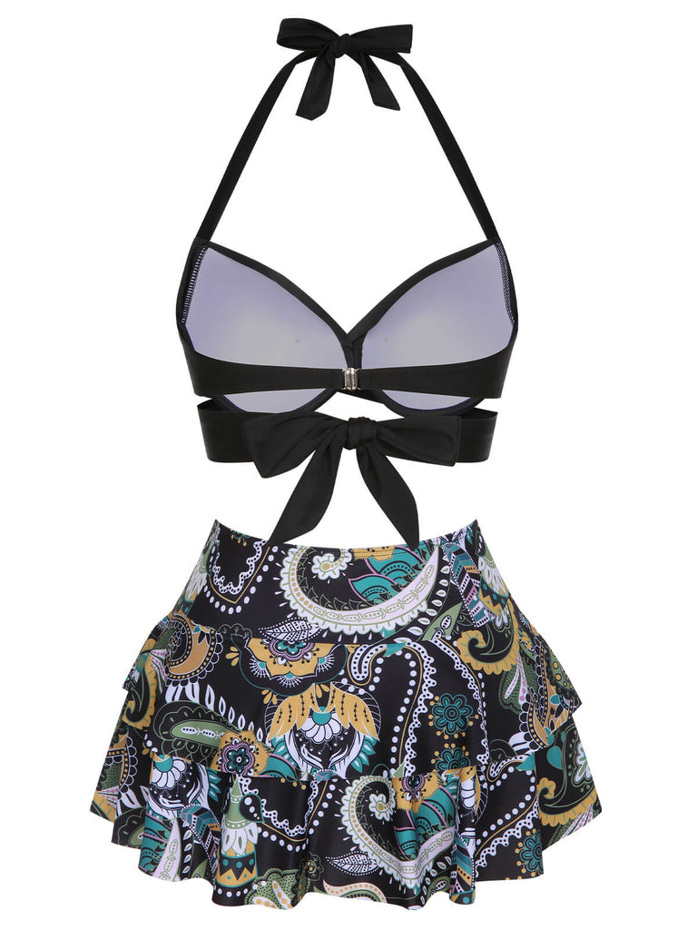 1970s Color Block Floral Halter Swimsuit