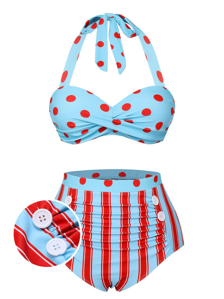 ‍Blue 1940s Polka Dot Stripe Halter Swimsuit (58% off)