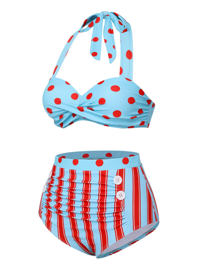 Blue 1940s Polka Dot Stripe Halter Swimsuit