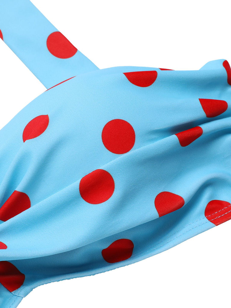 Blue 1940s Polka Dot Stripe Halter Swimsuit