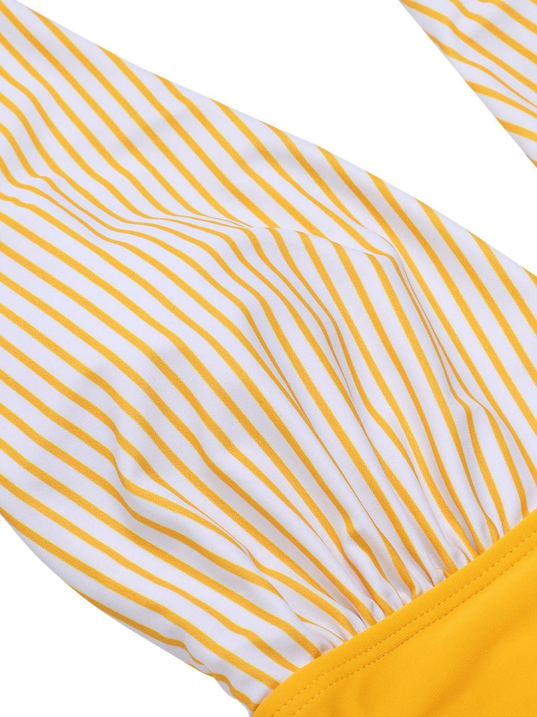 Yellow 1950s Halter Striped Patchwork Swimsuit