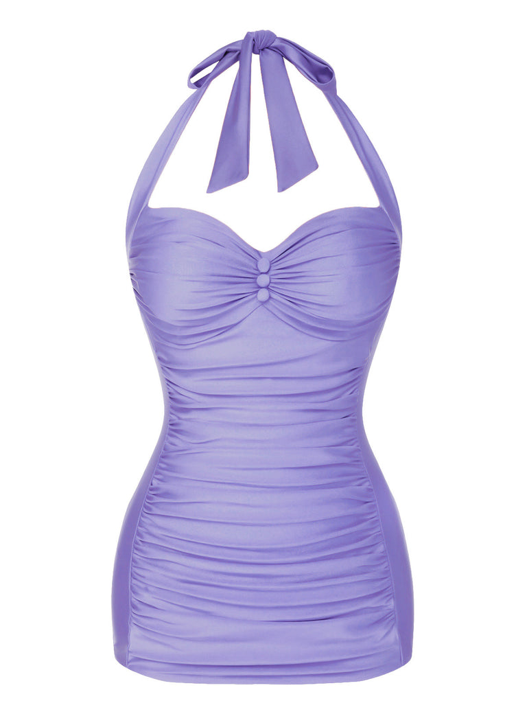 [Pre-Sale] Purple 1950s Solid Gathered Halter Swimsuit