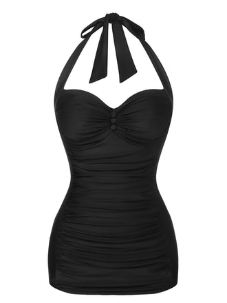 Black 1950s Solid Gathered Halter Swimsuit