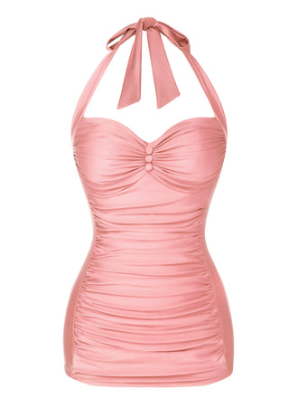 Pink 1950s Solid Gathered Halter Swimsuit