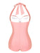 Red 1950s Solid Gathered Halter Swimsuit