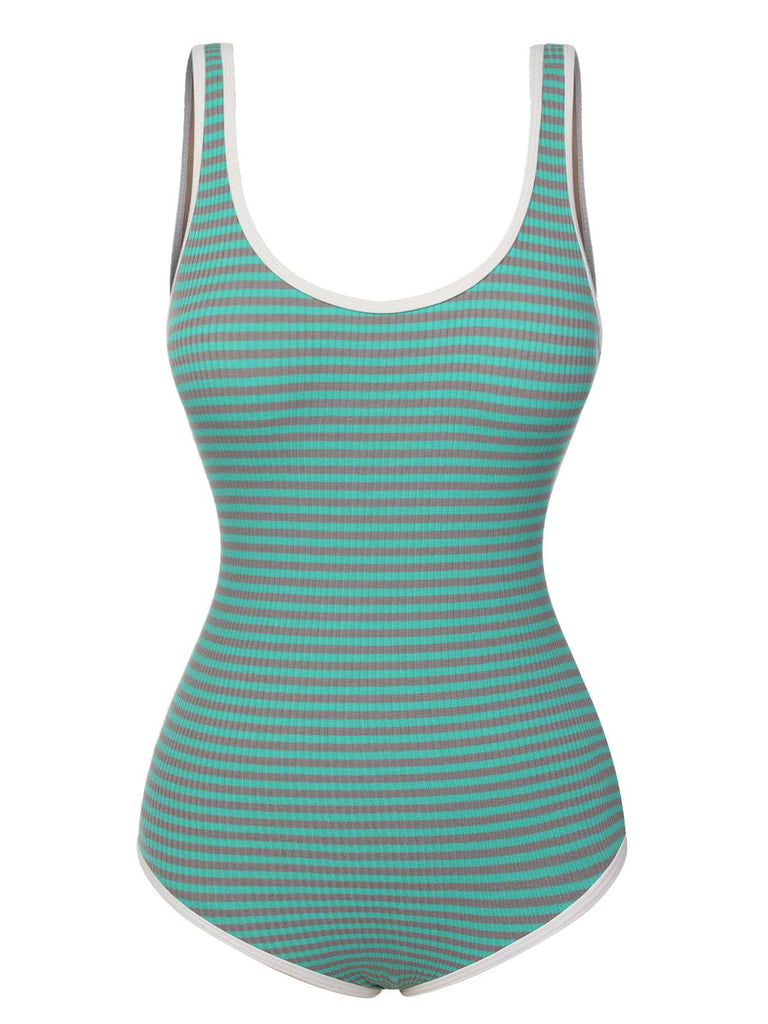 Green 1950s Stripes Backless One-Piece Swimsuit