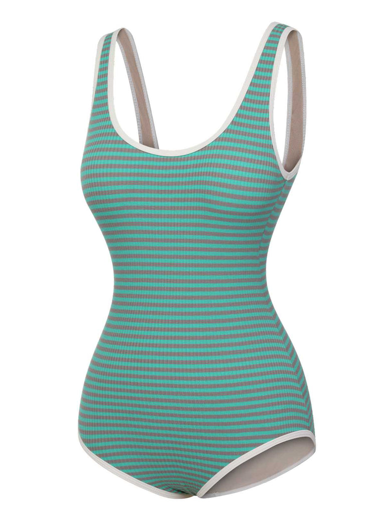 Green 1950s Stripes Backless One-Piece Swimsuit