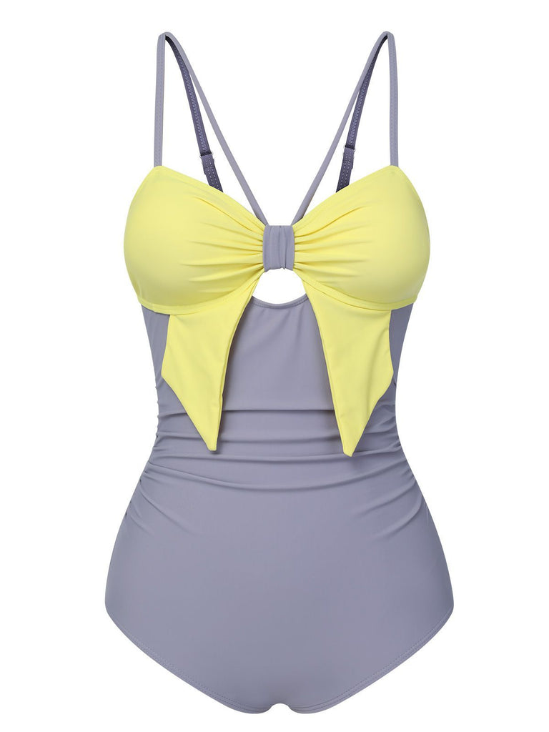 Purple & Yellow 1950s Cut Out Contrast Bow Swimsuit