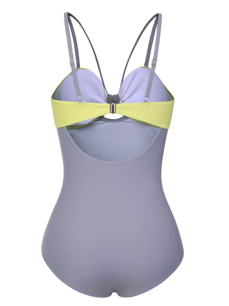 Purple & Yellow 1950s Cut Out Contrast Bow Swimsuit
