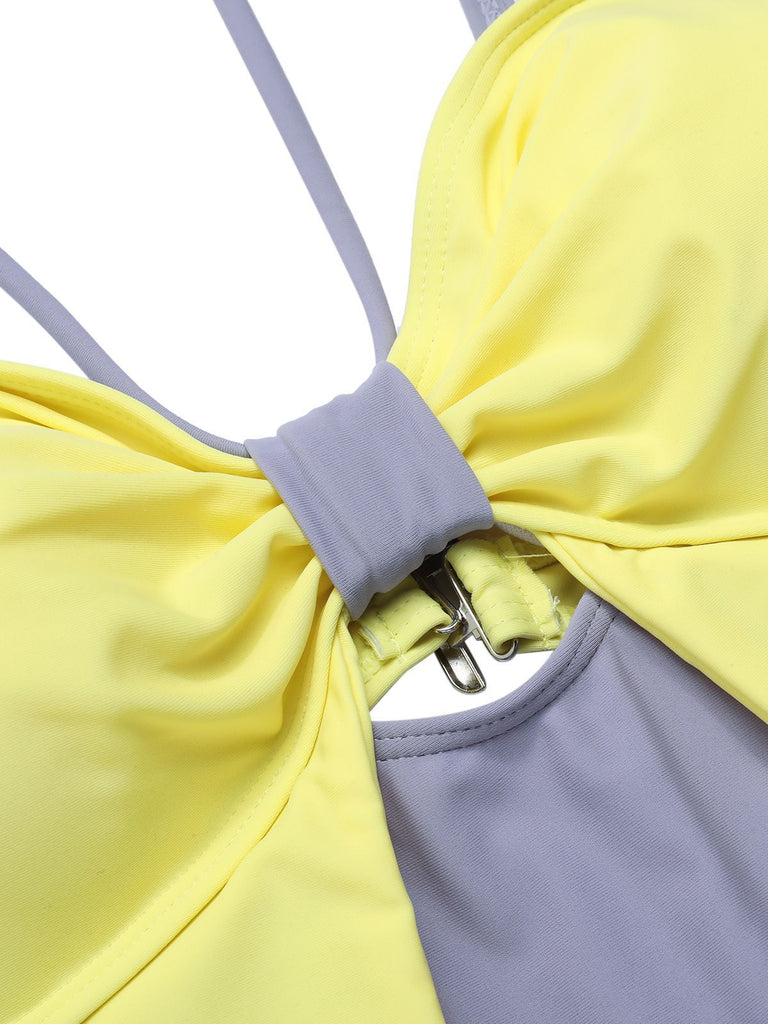 Purple & Yellow 1950s Cut Out Contrast Bow Swimsuit