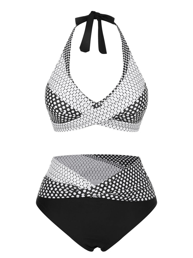 Black & White 1950s Polka Dot Halter Swimsuit