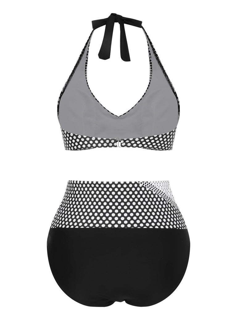 Black & White 1950s Polka Dot Halter Swimsuit