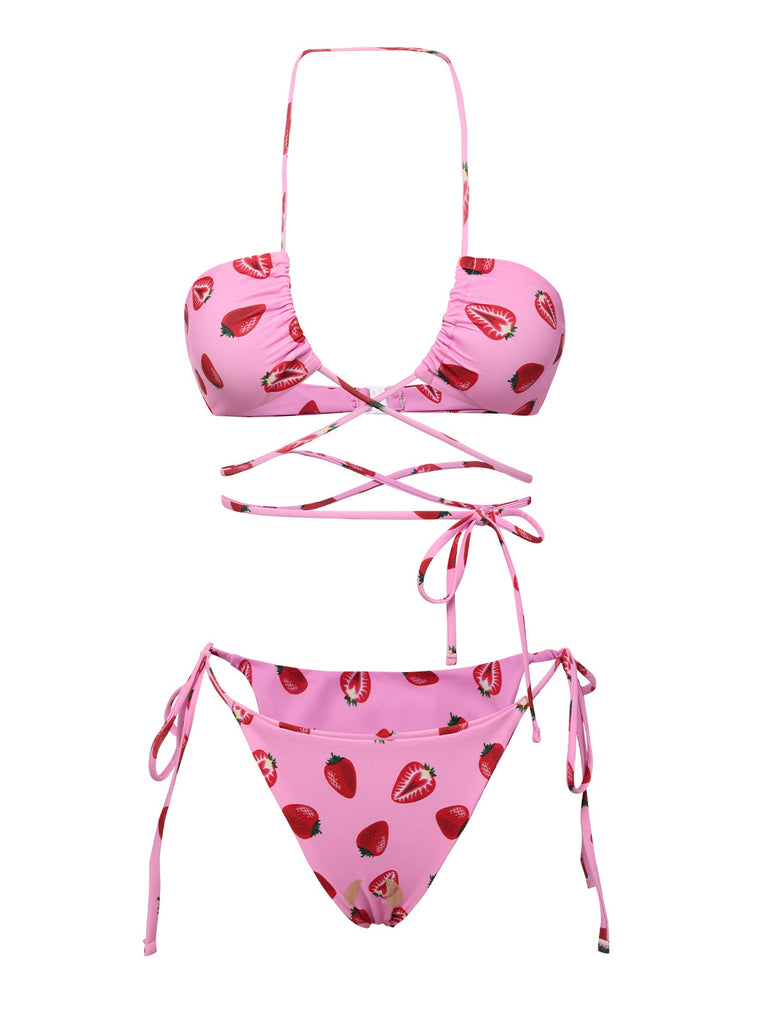 Pink 1950s Strawberry Waist Tie Halter Bikini Set