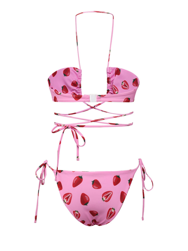 Pink 1950s Strawberry Waist Tie Halter Bikini Set