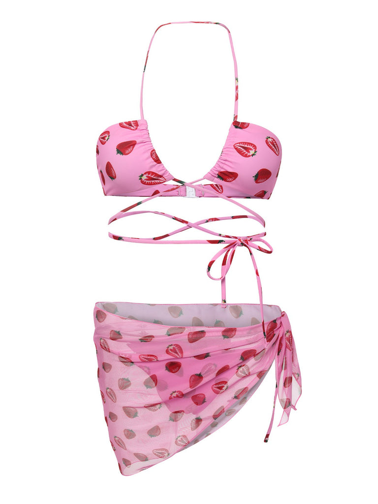 Pink 1950s Strawberry Waist Tie Halter Bikini Set