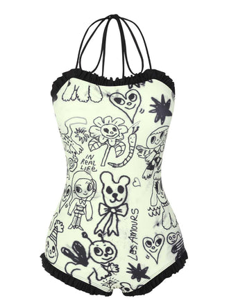 [US Warehouse] 1960s Halter Printed Ruffles One-Piece Swimsuit