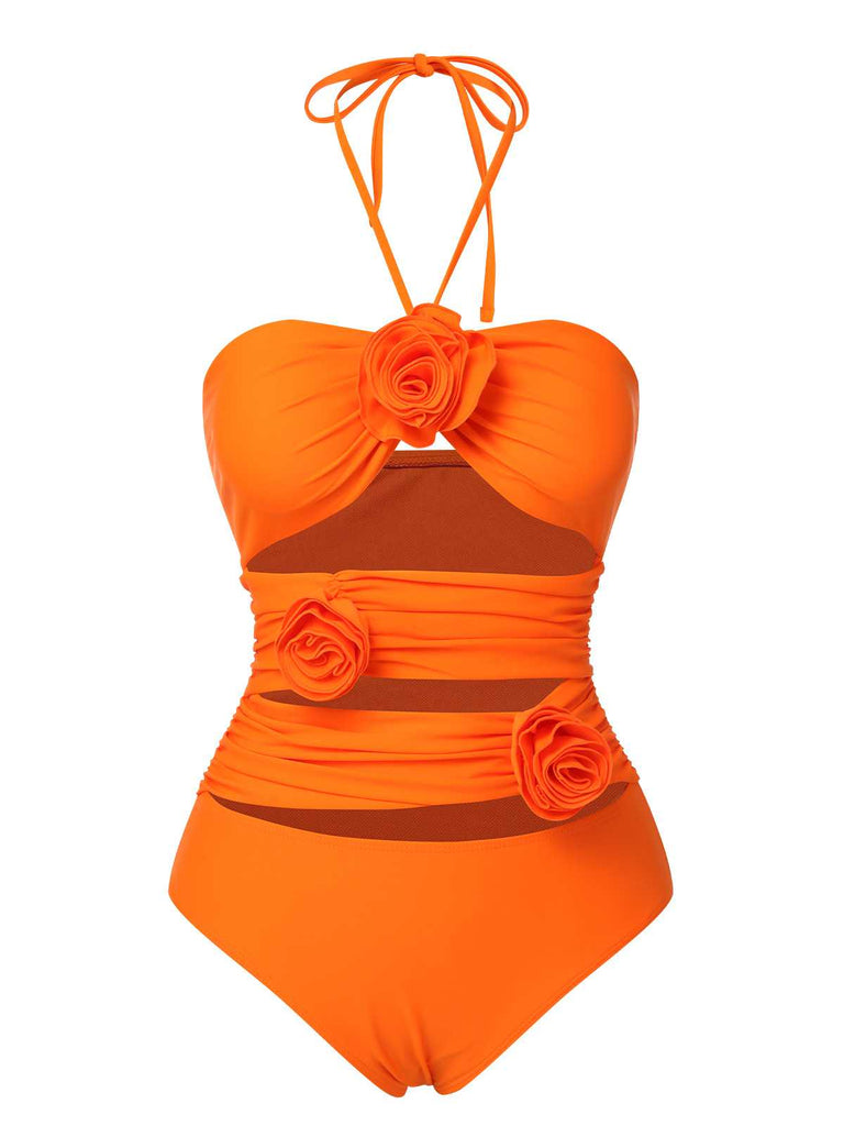 Orange Red 1950s Halter 3D Flower One-Piece Swimsuit
