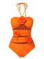Orange Red 1950s Halter 3D Flower One-Piece Swimsuit