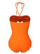 Orange Red 1950s Halter 3D Flower One-Piece Swimsuit