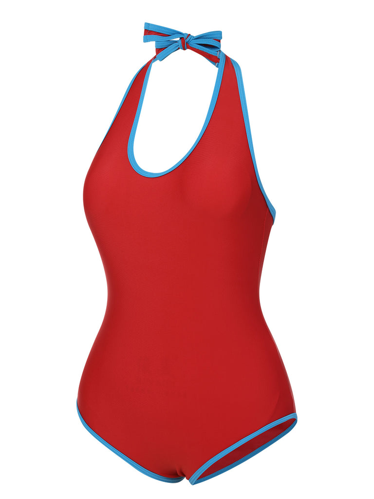 Red & Blue 1930s Solid Patchwork Swimsuit Set