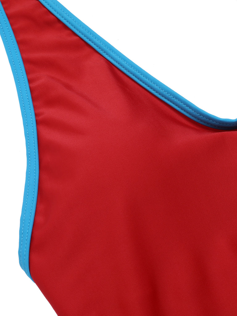 Red & Blue 1930s Solid Patchwork Swimsuit Set