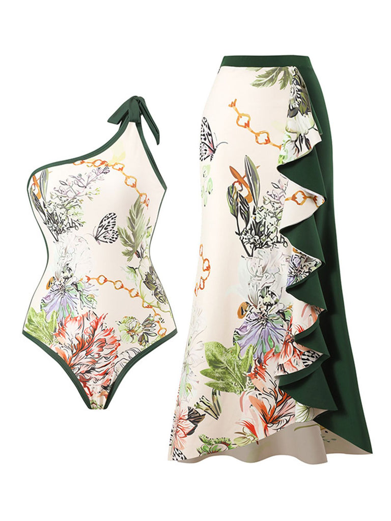 1940s Floral One Shoulder Swimsuit & Cover Up