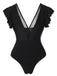 Black 1950s Solid Ruffle Sleeve One-Piece Swimsuit