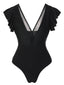Black 1950s Solid Ruffle Sleeve One-Piece Swimsuit