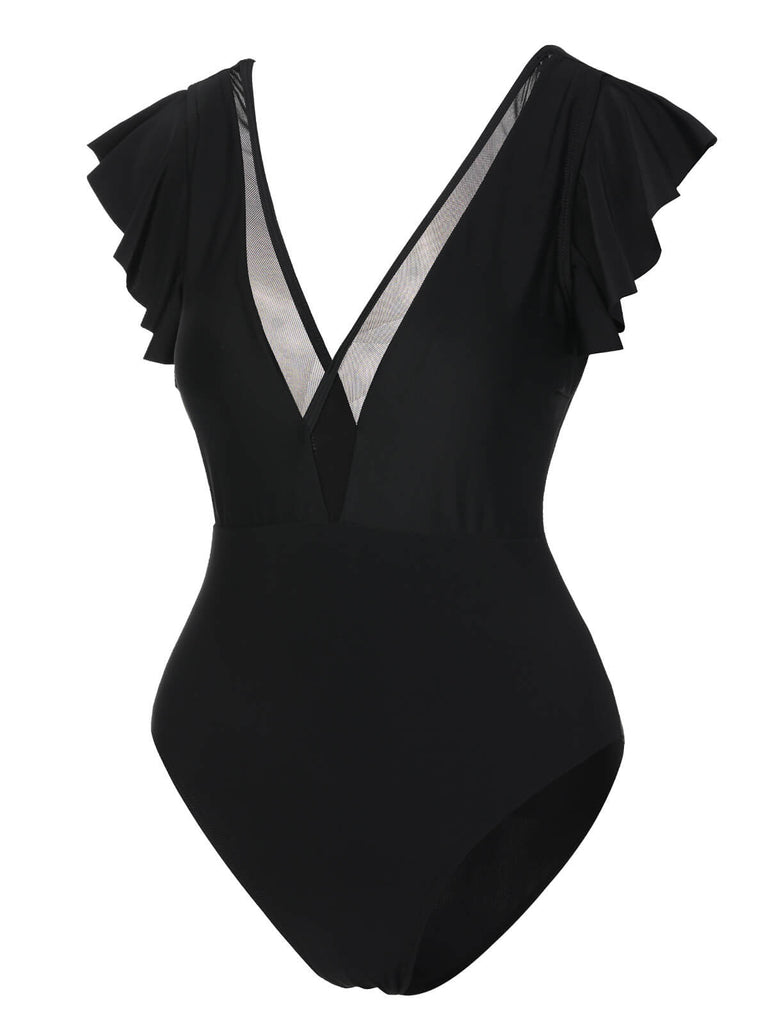 Black 1950s Solid Ruffle Sleeve One-Piece Swimsuit
