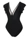 Black 1950s Solid Ruffle Sleeve One-Piece Swimsuit