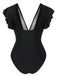 Black 1950s Solid Ruffle Sleeve One-Piece Swimsuit