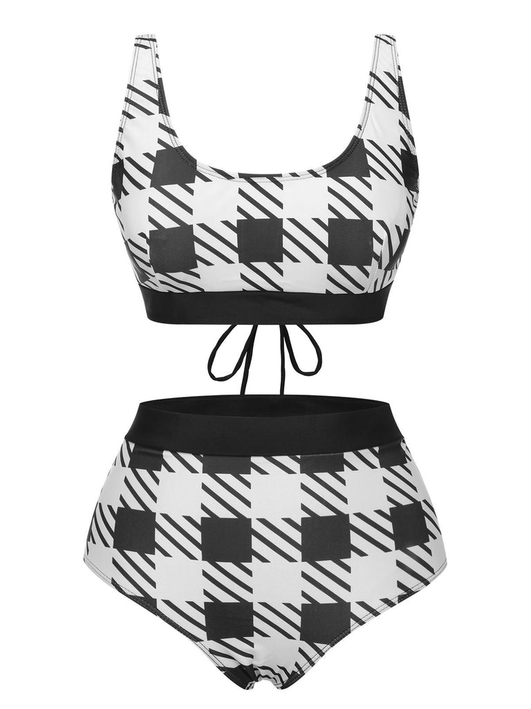 Black 1950s Plaid Wide Strap Swimsuit