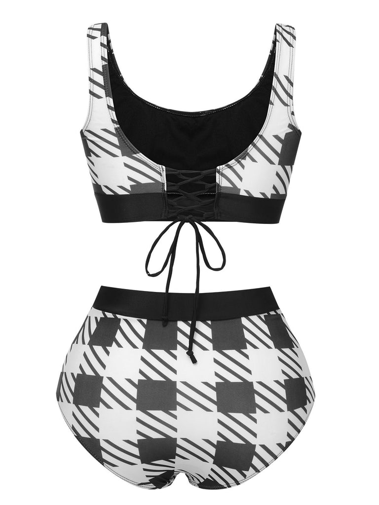 Black 1950s Plaid Wide Strap Swimsuit