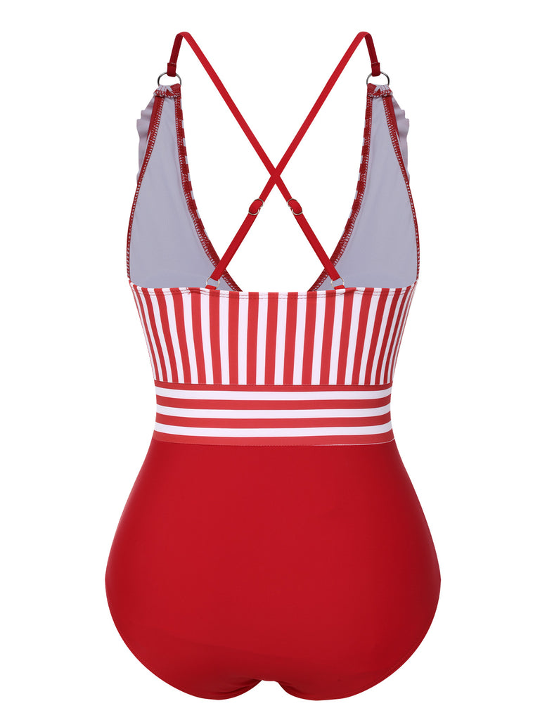 1950s Color Contrast Striped Ruffle Swimsuit
