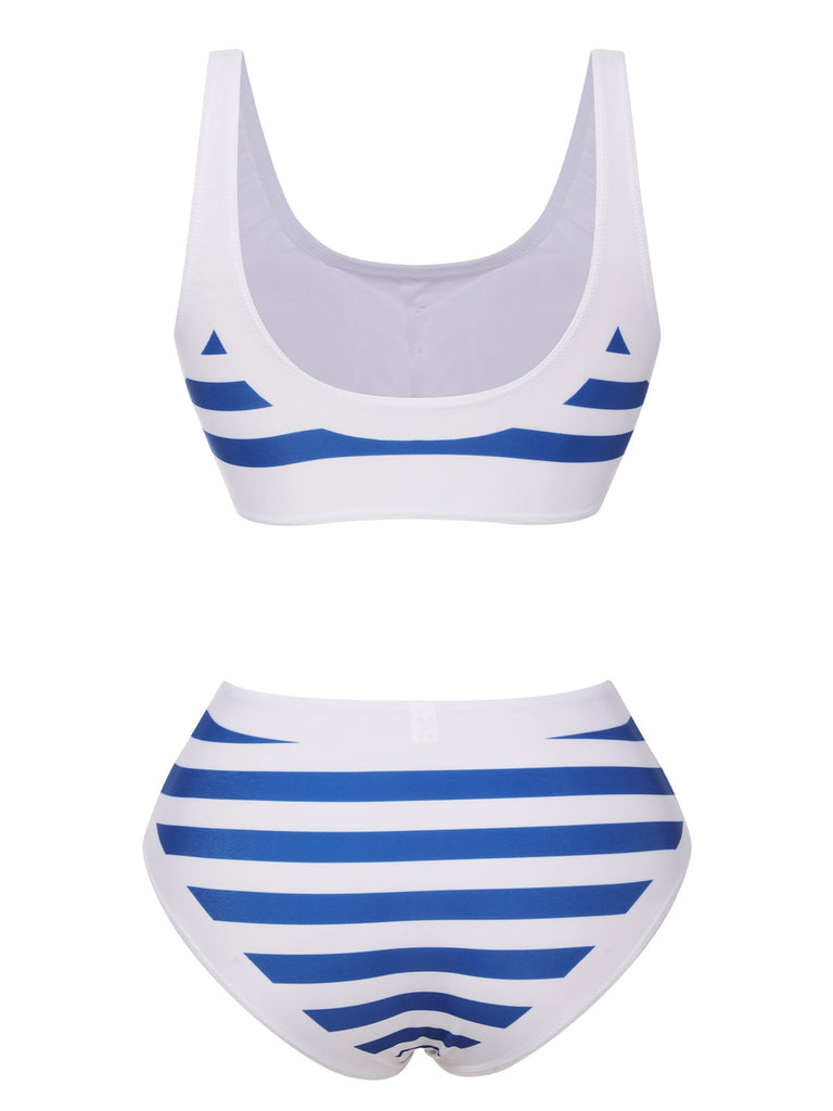 Blue & White 1950s Stripes Buttons Swimsuit