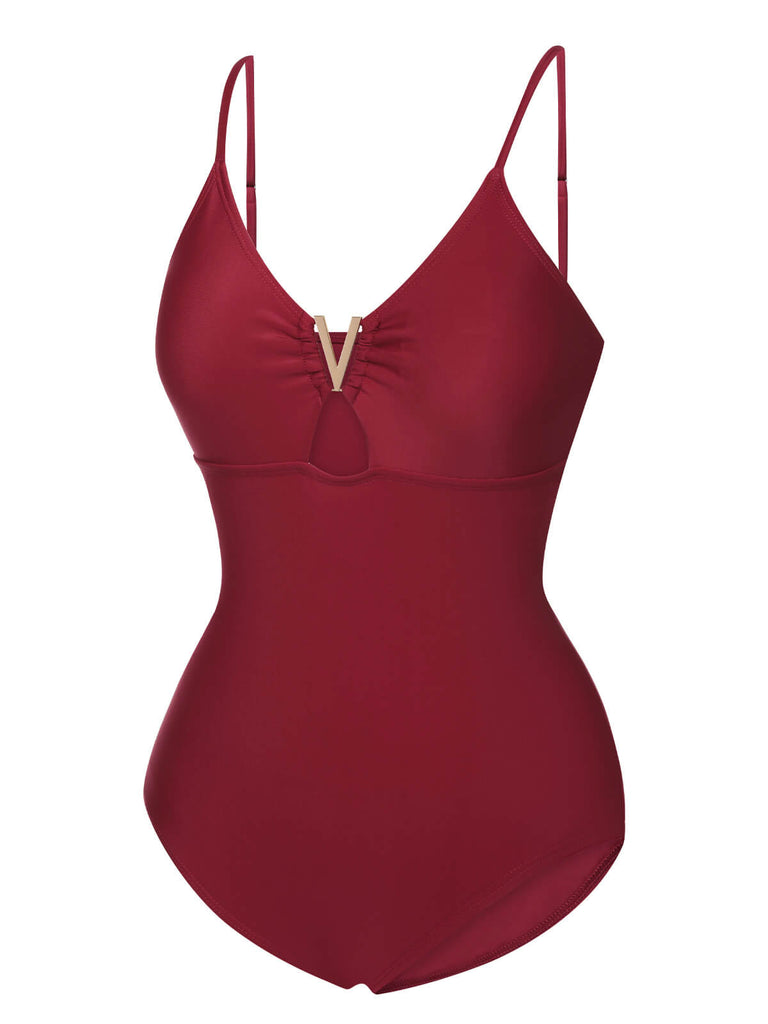 1950s Solid Hollow V-Neck One-Piece Swimsuit
