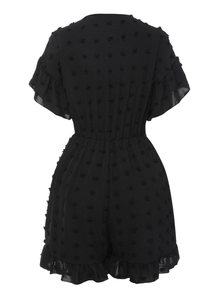 Black 1950s Polka Dots Surplice V-Neck Romper