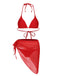 Red 1950s Solid Halter Bikini Set & Cover-Up