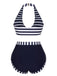 [Pre-Sale] Dark Blue 1930s Stripes Halter Buttons Swimsuit