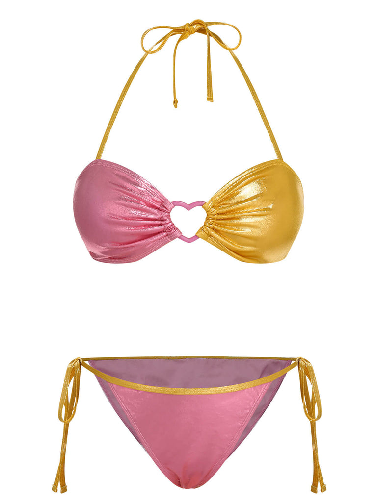 Pink & Yellow 1970s Heart Ring Bikini Set