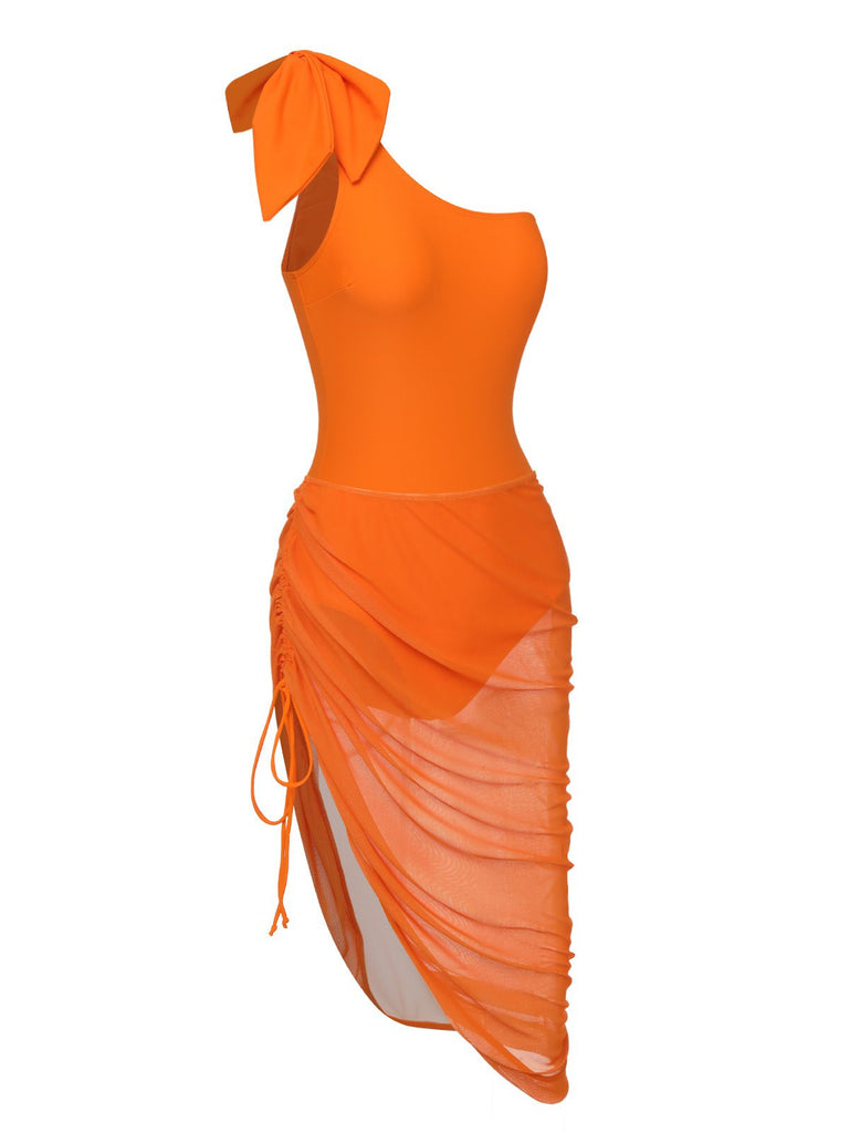 Orange 1940s Solid Swimsuit & High Low Cover-Up