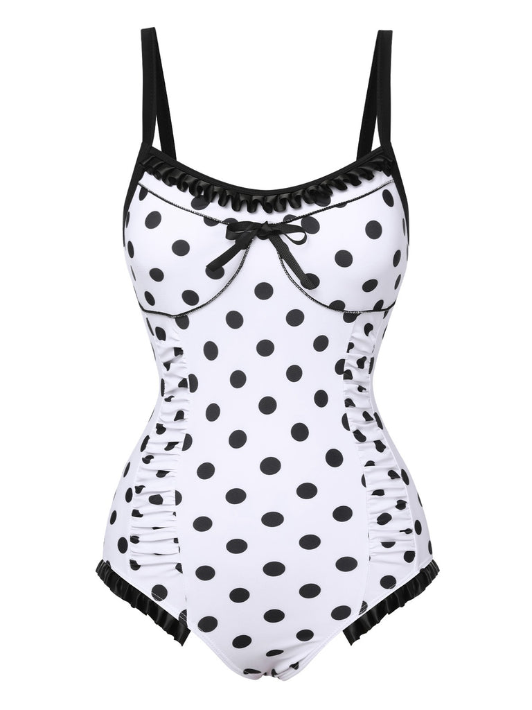 [Pre-Sale] White 1950s Polka Dots Strap Swimsuit