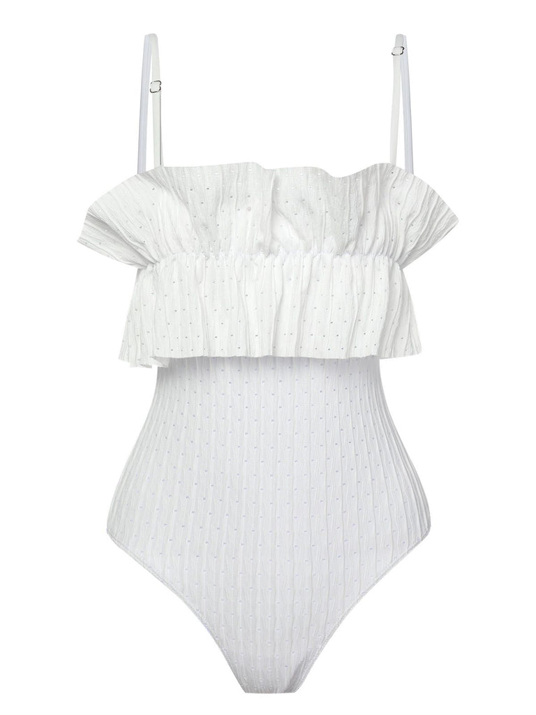 White 1970s Solid Ruffles Bandeau Swimsuit