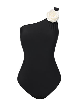 Black 1970s 3D Flower One-Shoulder Swimsuit