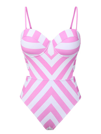 Pink 1940s Striped Bandeau One-Piece Swimsuit