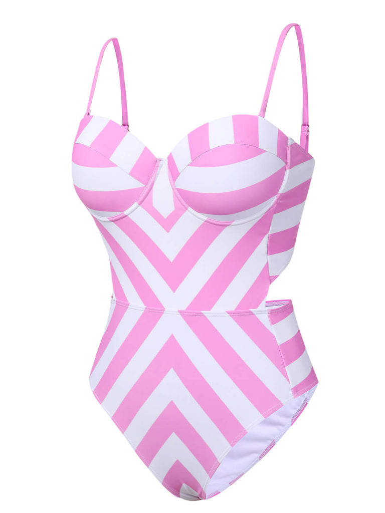 Pink 1940s Striped Bandeau One-Piece Swimsuit