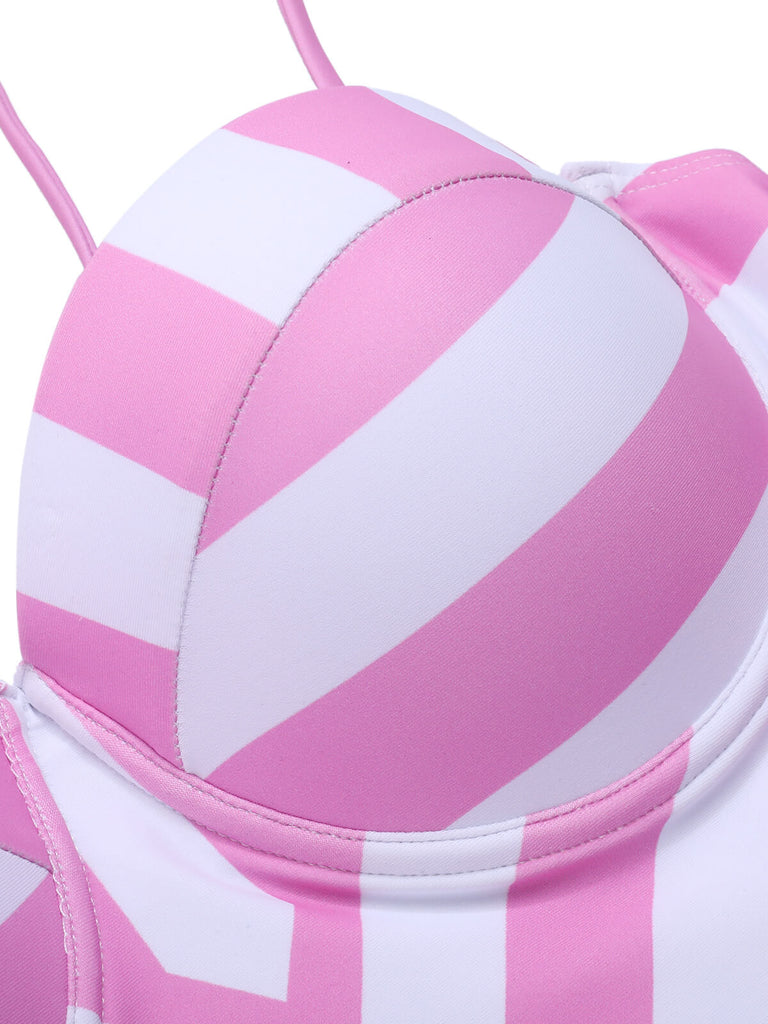 Pink 1940s Striped Bandeau One-Piece Swimsuit