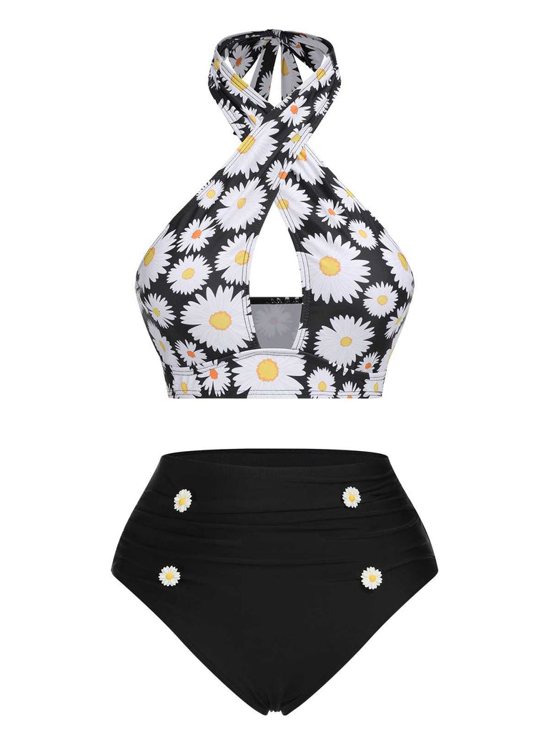 Yellow 1950s Sunflower Cross Halter Swimsuit